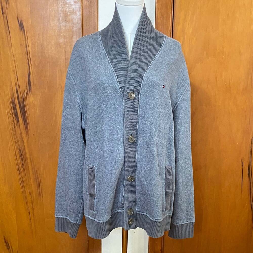 Tommy Hilfiger Men’s Light Gray Shawl Collar Cardigan Buttons Pockets Grandpa
